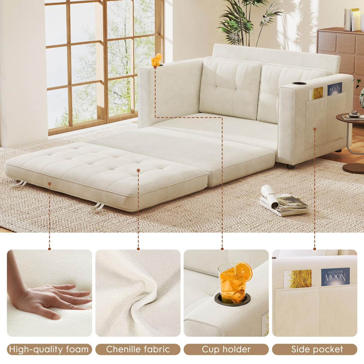 55" Convertible Folding Sofa Bed, Pull Out Couch Love Seat Sleeper Bed, Small Fold Out Loveseat Sleeper with Cup Holder and Pillow for Small Space, Bedroom Lounge, Dorm, Living Room(Beige Chenille) Urhanherry