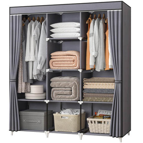 KEKIWE Portable Closet, 51 Inch Wardrobe Closet for Hanging Clothes with 2 Hanging Rods, 8 Storage Organizer Shelves for Bedroom, Durable and Easy to Assemble, Grey KEKIWE