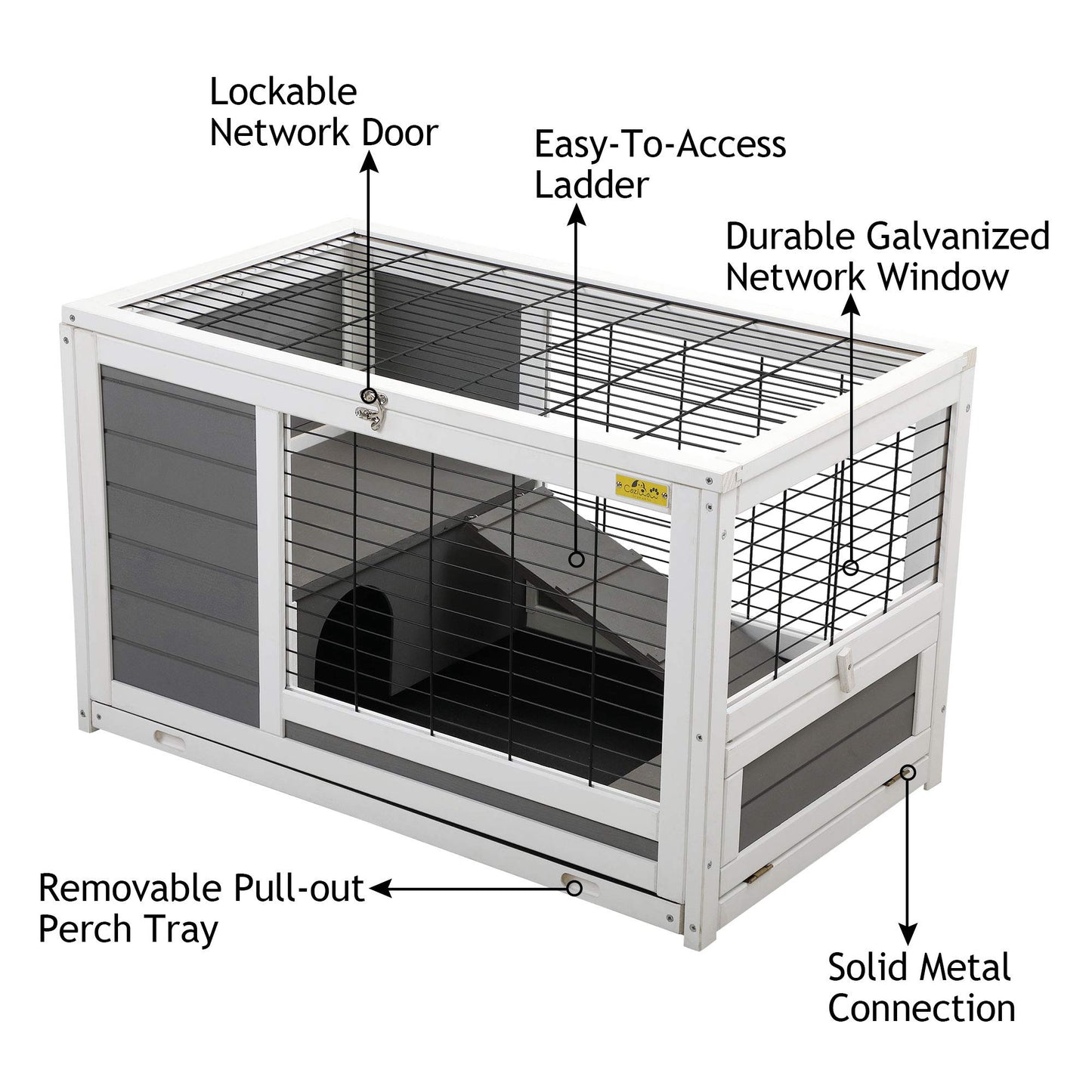 COZIVVOVV Wooden 35Inchs Indoor Outdoor Rabbit Hutch, Small Animal Houses & Habitats, Large Bunny Cage with Removable Tray, Single Level Guinea Pig Hamster Cage（Grey）