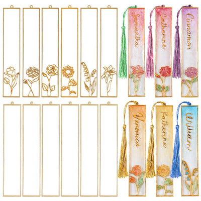 LET'S RESIN 12pcs Bookmark Bezels for Resin with Tassels, UV Resin Molds for DIY Bookmarks(6 Flowers and 6 Blank Frames), Metal Bookmark Bezels Bulk for Craft Supplies, Birthday Gifts, Custom