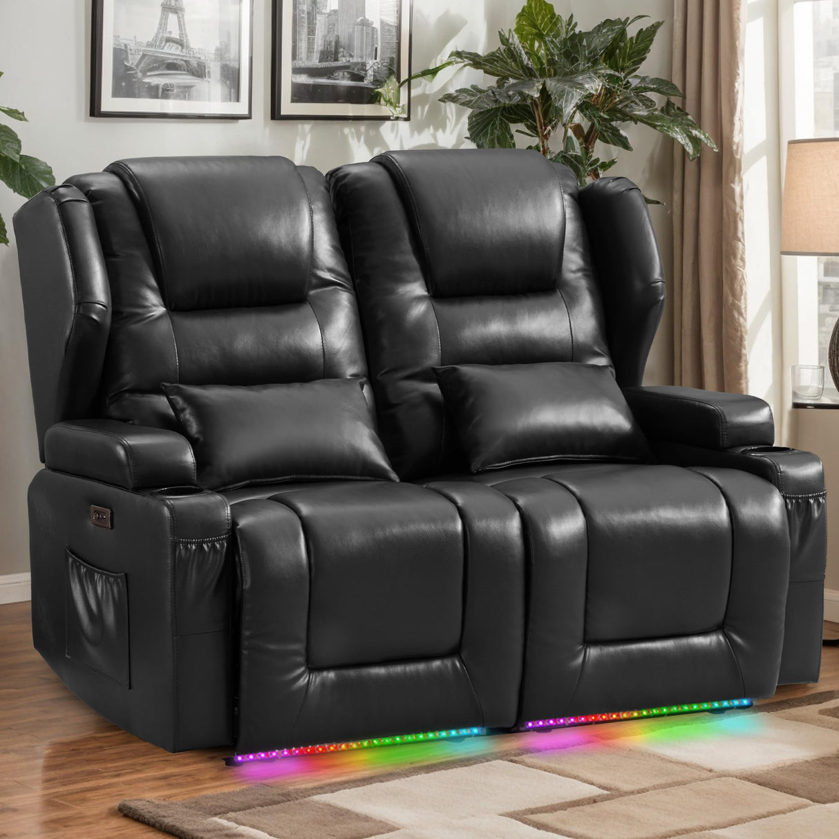 DRMBOOK RV Power Loveseat Recliner Sofa, Leather Double Wall Hugger Reclining Sofa, Home Theater Seating Chair with Cup Holders, 2 Person Couch RV Furniture for Living Room, Black DRMBOOK