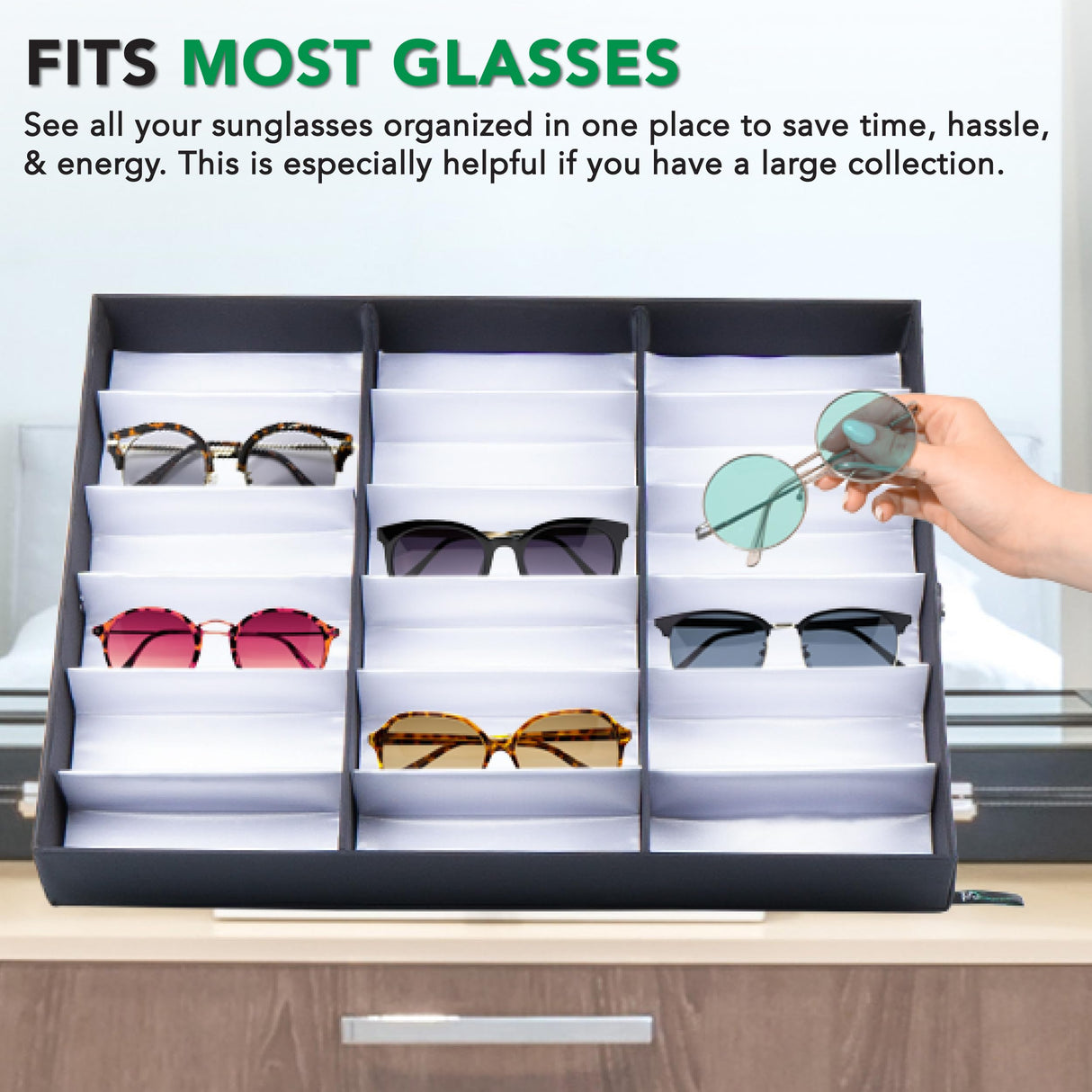 ProSource 18 Slot Sunglasses Organizer Box Stand Display Case/Tray, Fabric Lined & Snap Close ProSource