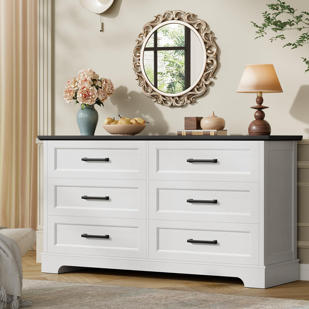 Furmax Farmhouse Dresser for Bedroom, 6 Drawers Dresser, Wood Chest of Drawers, 52" Wide Storage Dressers Organizer for Bedroom, Living Room, White and Black Furmax