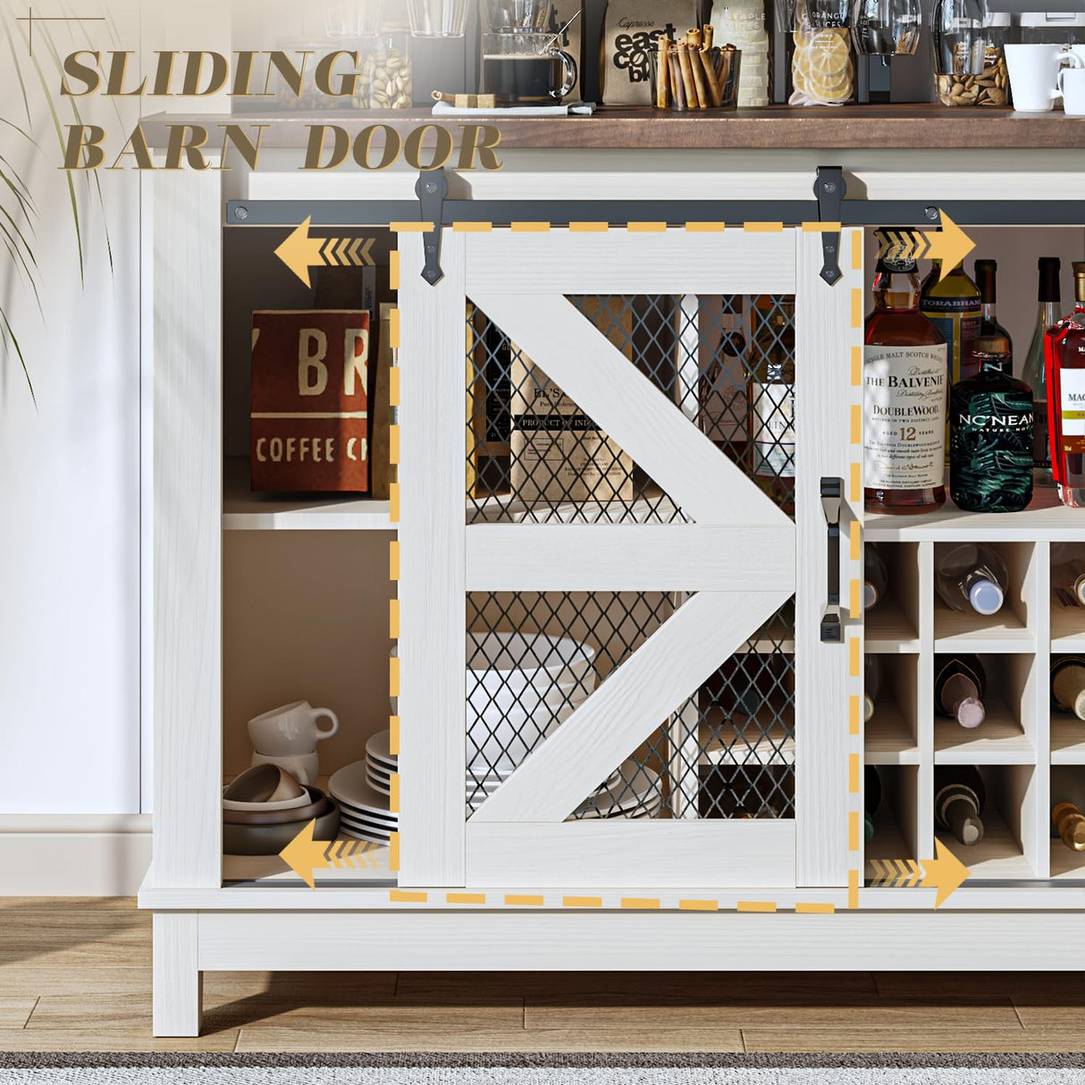 55" Coffee Bar Cabinet with LED Lights, Farmhouse Wine Bar Cabinet for home with wine glass rack, Kitchen Buffet Cabinet with Sliding Door & 4 Tier Storage for Dining Living Room (Antique White) PRETZI