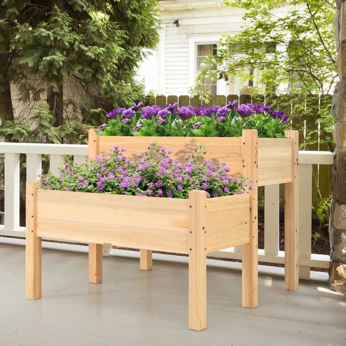 RELAX4LIFE 2-Tier Raised Garden Bed - Fir Wood Garden Elevated Planter Box with Legs, 8 Drainage Holes,220 Capacity for Growing Vegetable, Elevated Garden Bed for Outdoor Yard Patio Balcony (Natural) RELAX4LIFE
