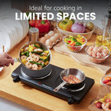 Elite Gourmet EDB-302BF# Countertop Double Cast Iron Burner, 1500 Watts Electric Hot Plate, Temperature Controls, Power Indicator Lights, Easy to Clean, Black Elite Gourmet