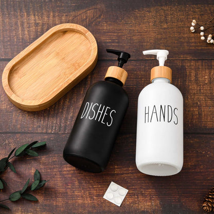 HULISEN Dish Soap Dispenser Set with Wood Tall Tray, Kitchen Soap Dispenser Set, Matte Hand and Dish Soap Dispenser Set for Modern/Boho/Farmhouse Kitchen Decor (Black & White)