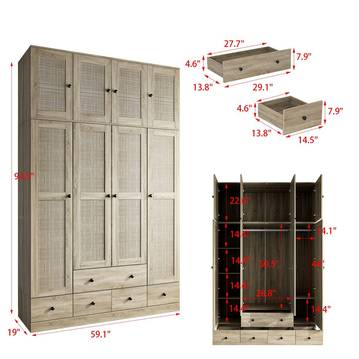 MOUMON 4 Rattan Door Wardrobe with Shelves and Drawers, Armoire Wardrobe with 2 Clothing Rods, Top Storage, Closet for Bedroom Oak 19" D x 59”W x 94.5”H MOUMON