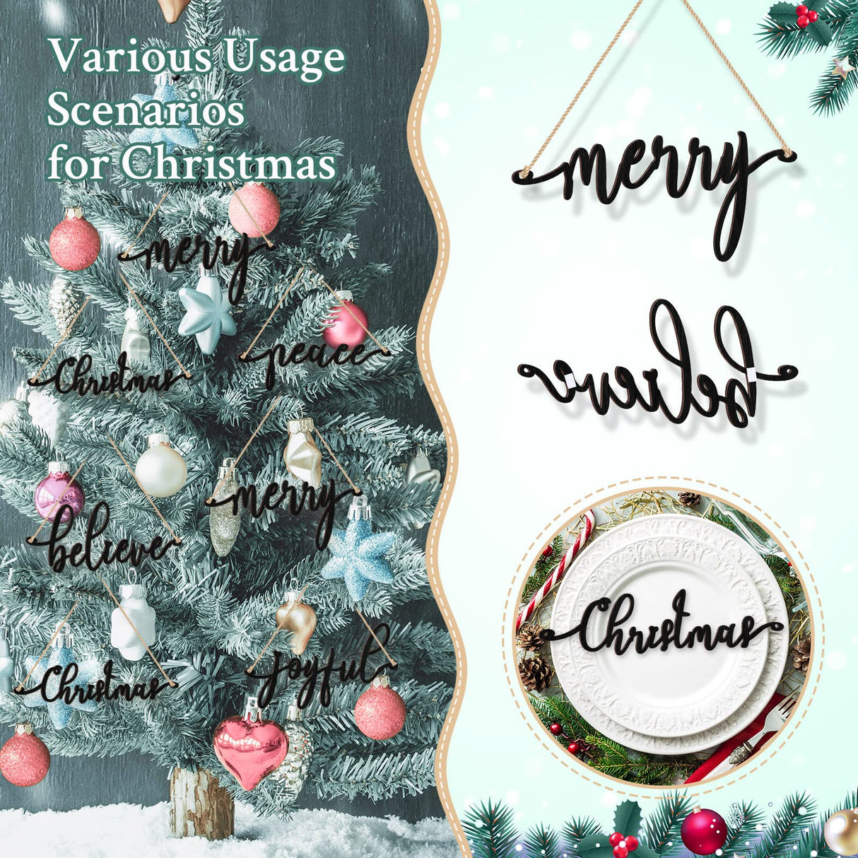 20 Pcs Merry Christmas Sign Xmas Wooden Cutout Letter Plate Ornaments Rustic Merry Sign Christmas Wooden Sign Table Decors Joyful Peace Believe Cutout Plates Ornament for Home Christmas(Black) Jetec