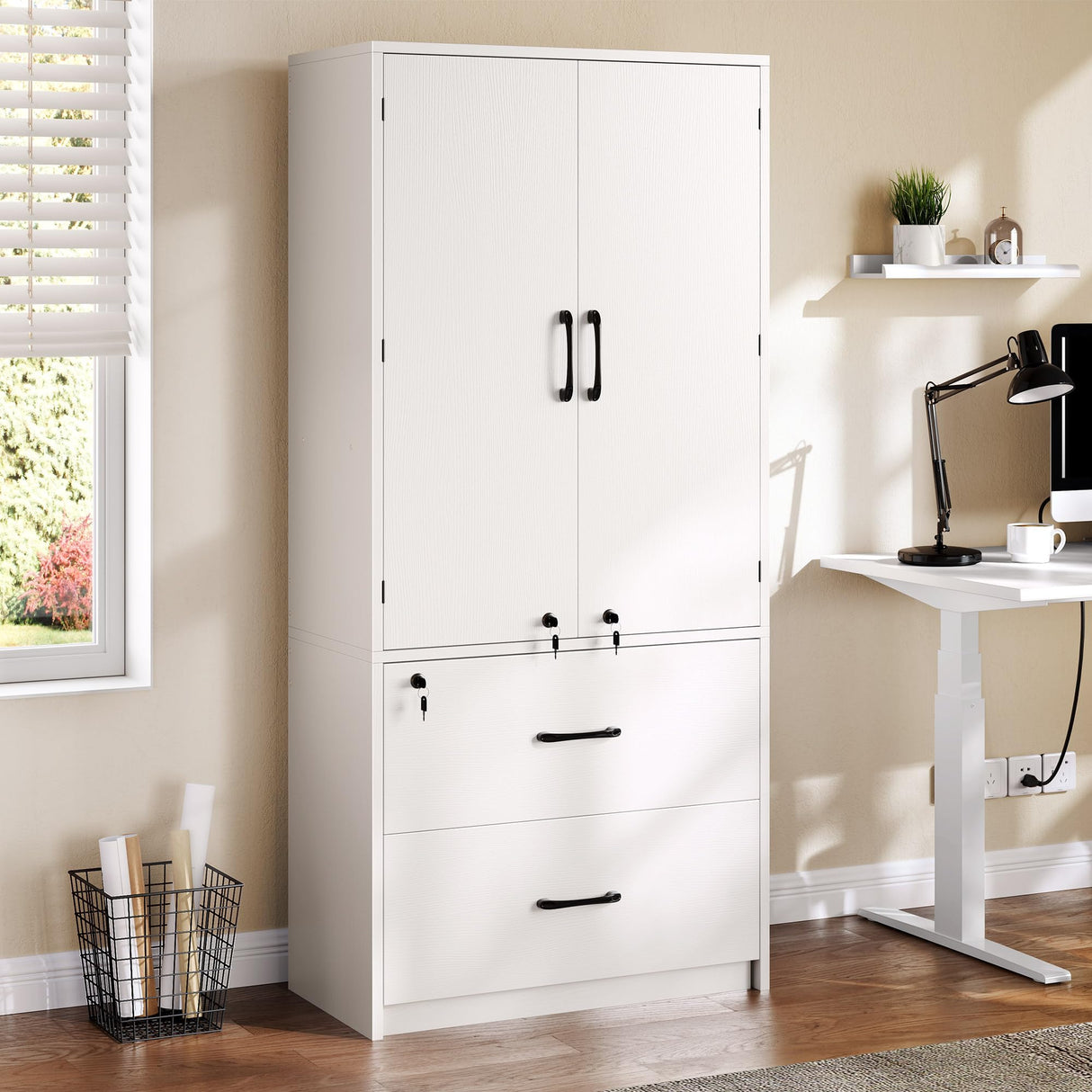 YITAHOME Wood File Cabinets, Heavy Duty Garage Tool Cabinets with Doors & Adjustable Shelves, Big Storage Filing Lockers for Home Office, Living Room, Pantry, Gym, Basement, Warehouse, White YITAHOME