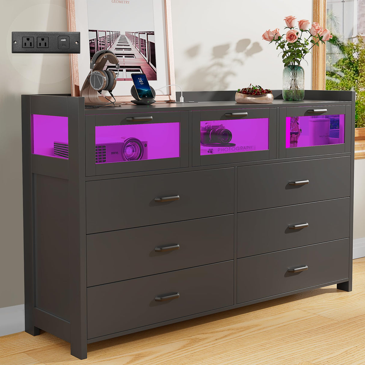 Alohappy 9 Drawer Dresser with Charging Station and LED Lights, Dresser Chest of Drawers with 3 Visual Drawers, Modern Wood Dresser for Bedroom Living Room Hallway Entryway Alohappy