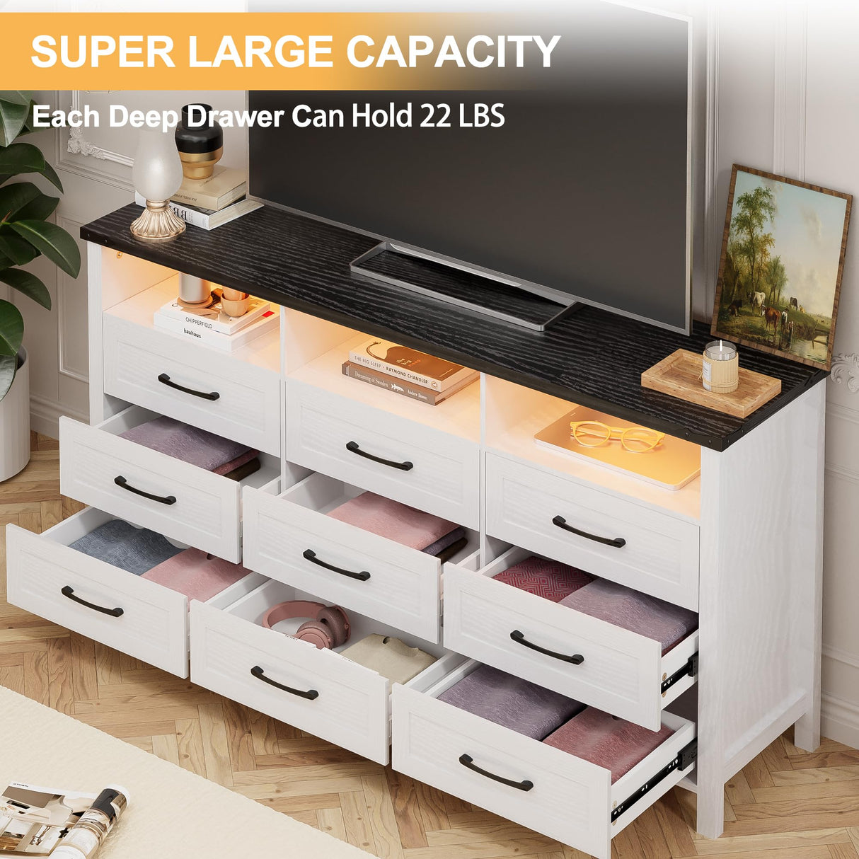 Anbuy White Dresser for Bedroom 12 Drawers with LED Lights, 63" Long Chest of Drawers with Large Drawers, Modern 9 Drawer Dresser with 3 Open Space for Bedroom, Living Room, Entryway,Hallway (White Anbuy