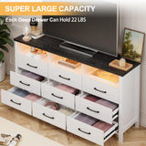 Anbuy White Dresser for Bedroom 12 Drawers with LED Lights, 63" Long Chest of Drawers with Large Drawers, Modern 9 Drawer Dresser with 3 Open Space for Bedroom, Living Room, Entryway,Hallway (White Anbuy