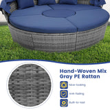 HAPPYGRILL Rattan Daybed with Canopy, Outdoor Wicker Round Daybed Patio Sectional Seating with Cushions & Adjustable Side Table, Patio Furniture for Backyard Porch Poolside HAPPYGRILL