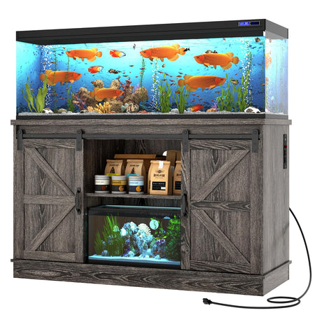Hlivelood Farmhouse 55-75 Gallon Fish Tank Stand with Power Outlet, Aquarium Stand with Cabinet&Sliding Barn Door, Heavy Duty Reptile Tank Stand for 2 Fish Tank/Turtle Tank/Reptile Terrarium, Grey Hlivelood
