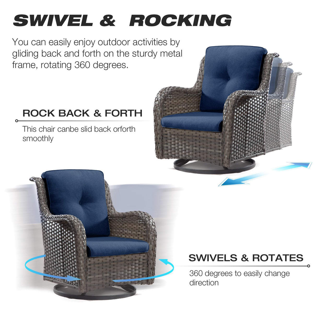 Joyside 5 Piece Outdoor Patio Furniture Set Wicker Conversation Bistro Set Swivel Rocking Chairs with Side Table and Ottomans for Backyard, Porch, Deck(Mixed Grey/Blue) Joyside