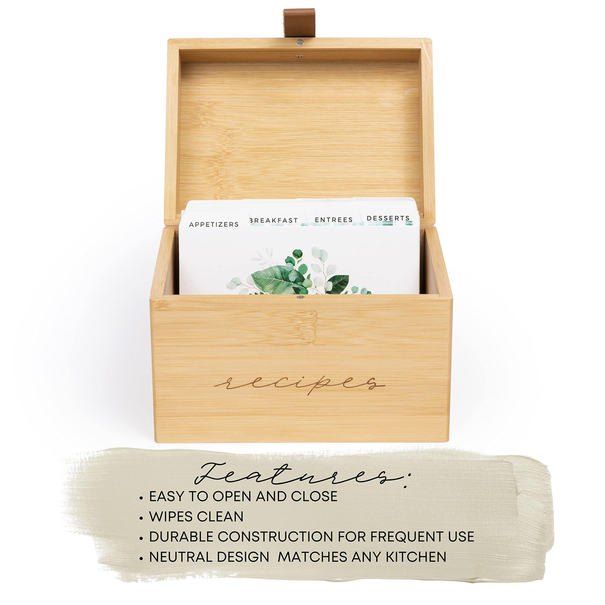 Pera Blanca Recipe Box with Cards and Dividers | Recipe Card Box Faux Leather Handle | 50 Eucalyptus Patterned Recipe Cards and Box Set | Wooden Recipe Box | Housewarming Gift | Recipe Box 4x6 Pera Blanca
