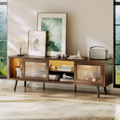Bestier TV Stand for 75 Inch TV, 63” LED Entertainment Center with Sliding Acylic Doors, Modern TV Console with 2 Tier Storage Shelves, Media Console Table for Living Room Bedroom - Walnut Bestier