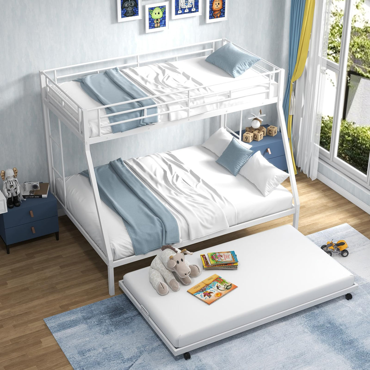 KOMFOTT Twin Over Full Bunk Bed with Trundle, Heavy-Duty Metal Bunk Bed Frame with Guardrail & 2 Ladders, Space-Saving Bunk Bed for Kids/Teens/Adults, No Box Spring Needed KOMFOTT