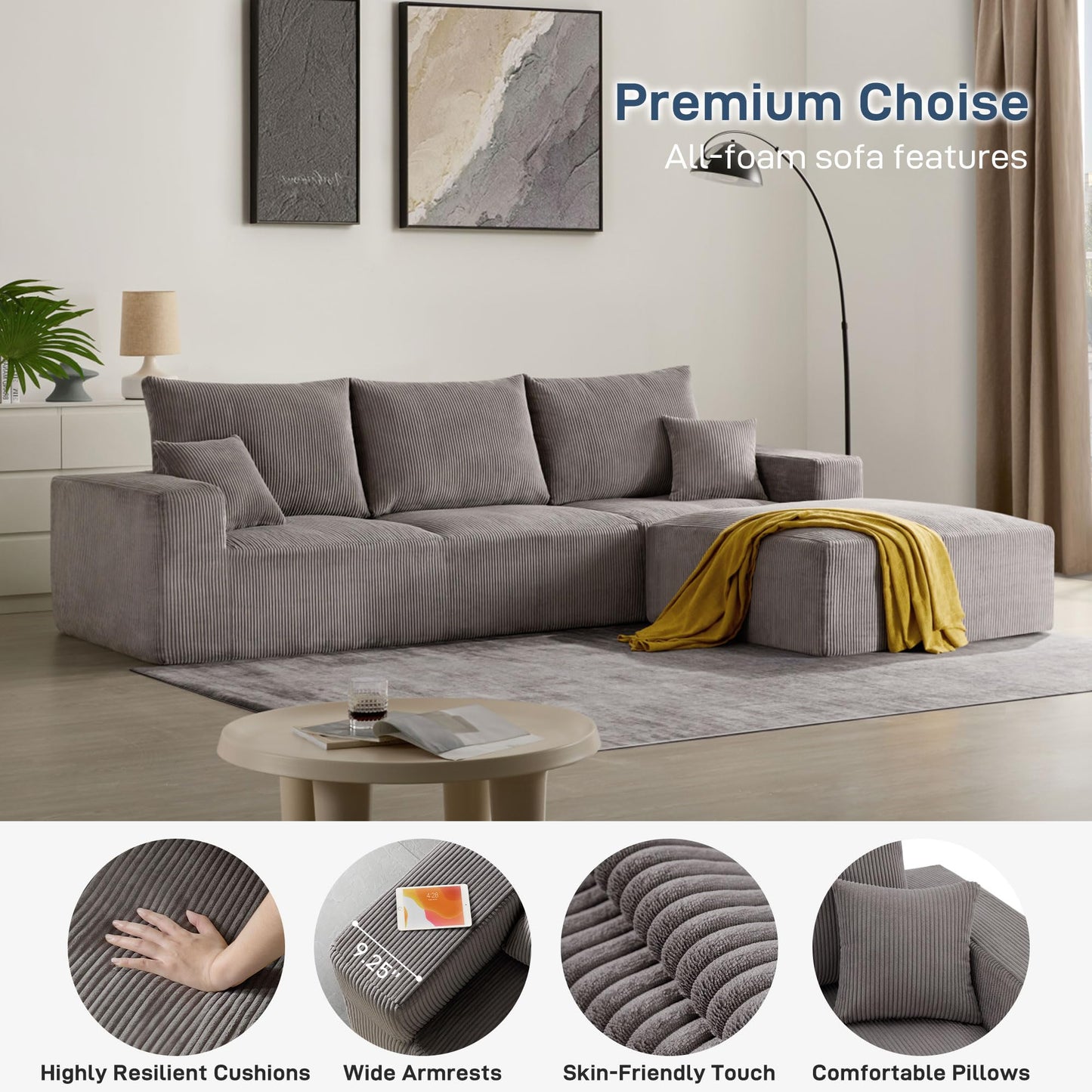 Sectional Modern Sleeper Sofa Couches for Living Room-113'' Grey 3 Seater L-Shaped Lounge Cloud Couch-No Assembly Modular Corduroy Convertible Sponge Compression Sofas with Chaise for Home House