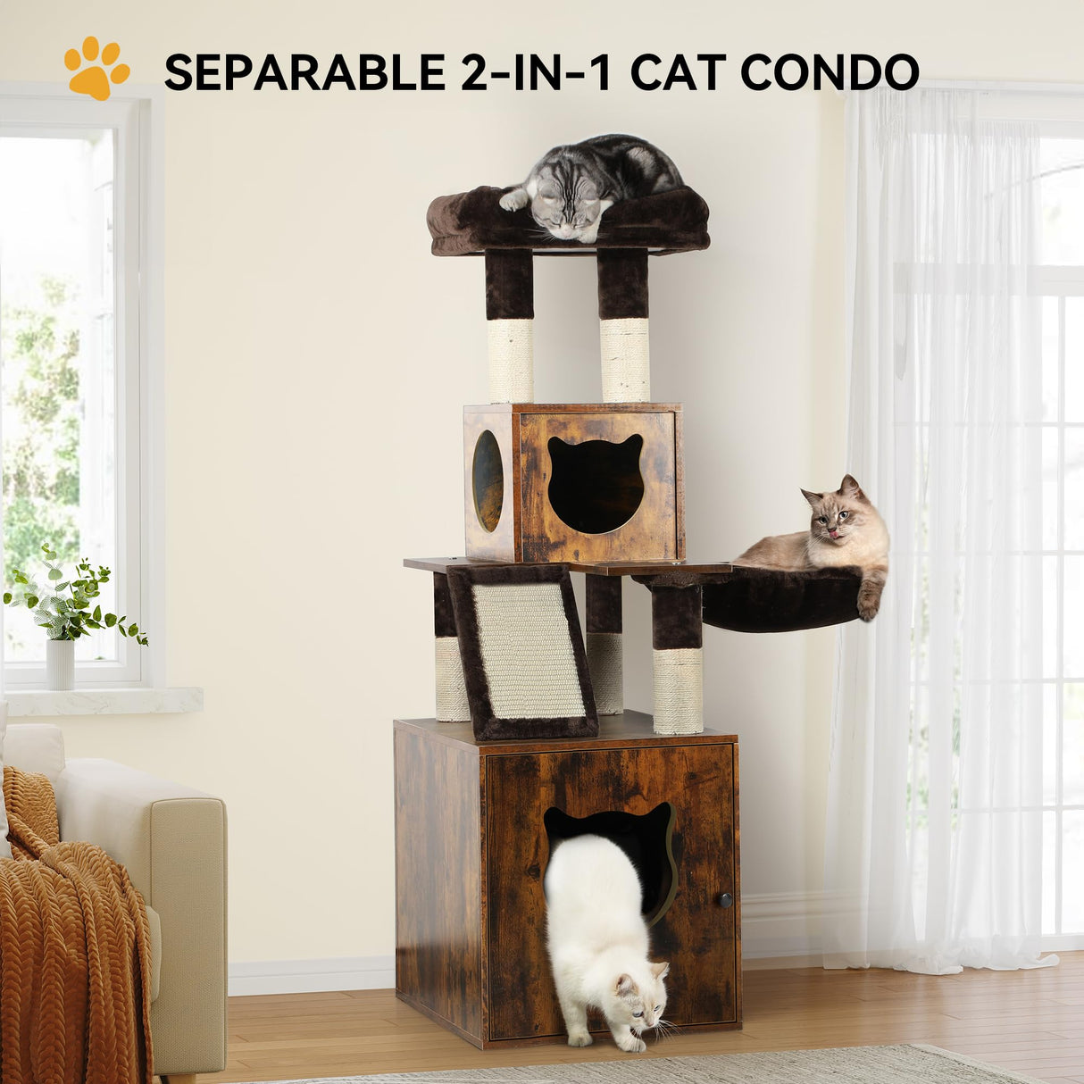 YITAHOME Modern Cat Tree with Litter Box Enclosure, Combo Endtable and Large Cat Tower with Basket, 4-in-1 Litter Box Furniture Hidden and Scratching Post for Large Cats YITAHOME