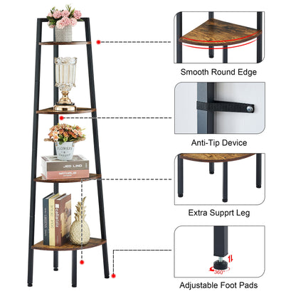 Hoctieon Corner Shelf, 4-Tier Corner Bookshelf, Rustic Corner Ladder Shelf, Industrial Display Shelf for Living Room, Kitchen, Home Office, Balcony, Small Space, Metal Frame, Rustic Brown - WoodArtSupply