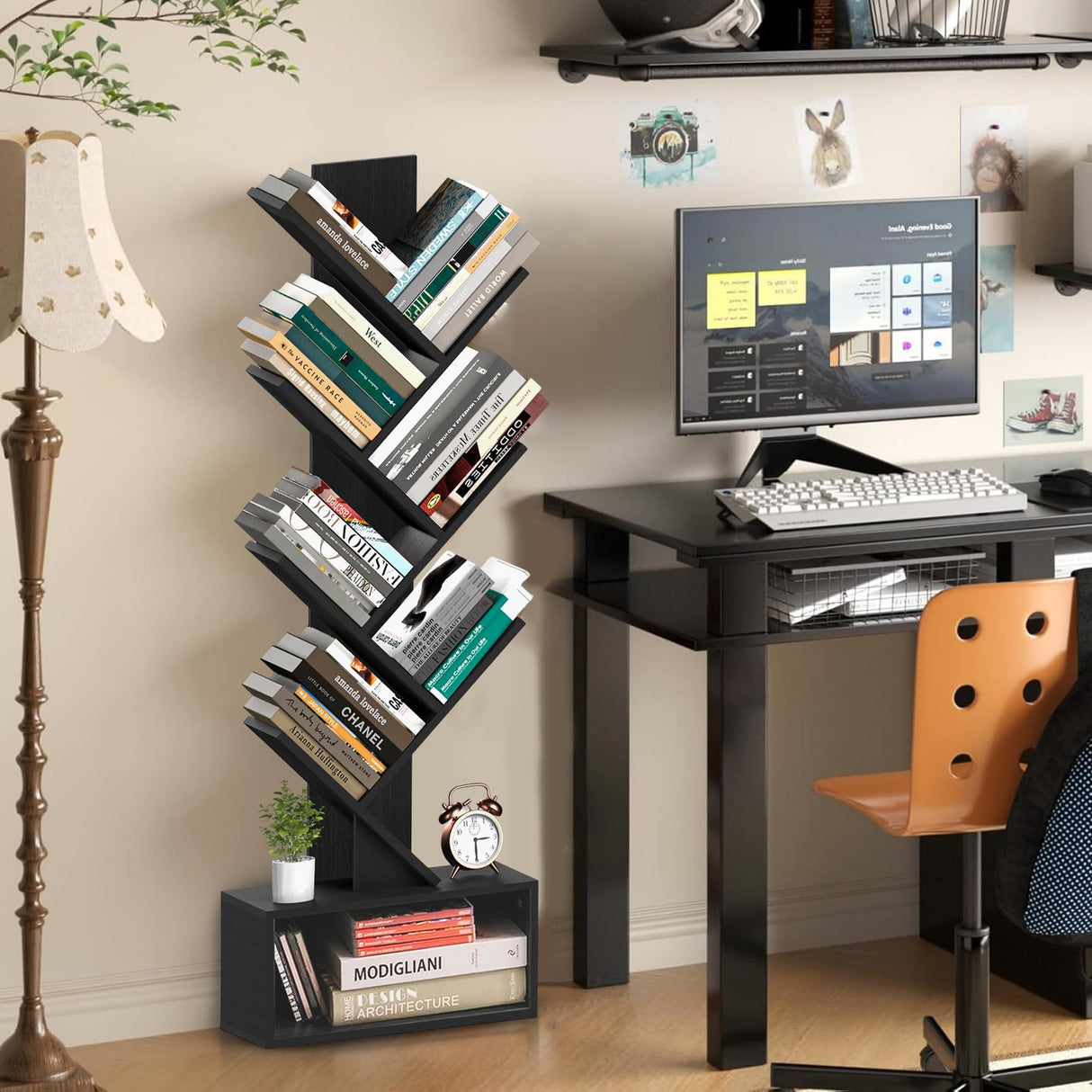 LUSHZLUMBERA 6 Tier Tree Bookshelf, Tall Narrow Wooden Bookcase with Drawer and Storage Cabinet, Freestanding Small Book Shelf Organizer for Bedroom, Living Room, Home Office, Black Display Shelf LUSHZLUMBERA