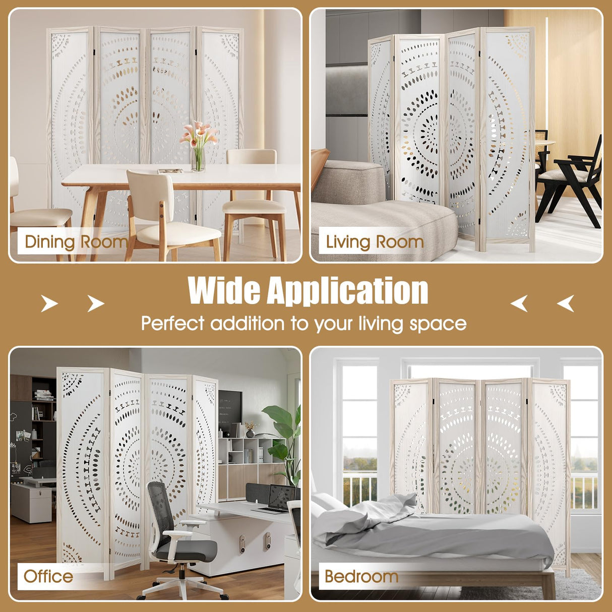 Giantex Room Divider 4 Panels - 66'' Boho Room Dividers with Carved Pattern & Solid Wood Frame, Folding Privacy Screen for Bedroom Office, Partition Wall Divider for Room Separation, Washed White Giantex