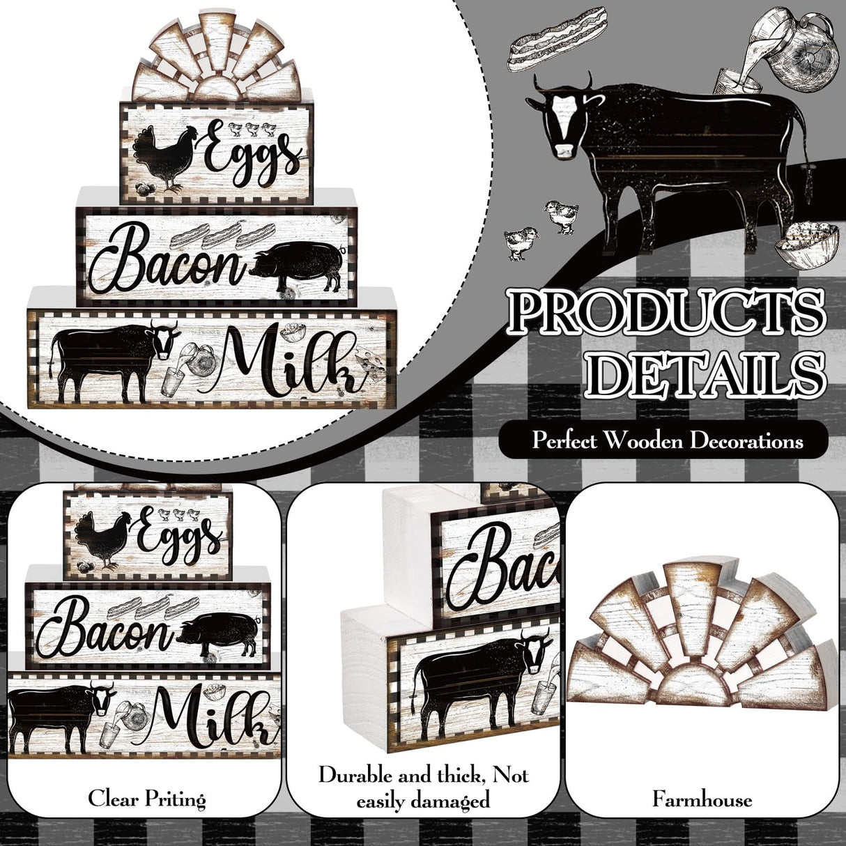 4 Pcs Farmhouse Wood Stacking Blocks Cow Rooster Pig Tiered Tray Decor Rustic Decorative Faux Stacked Book Farm Animal Table Sign Decor for Home Living Room Kitchen Dining Room Shelf Table Centerpiece Jetec