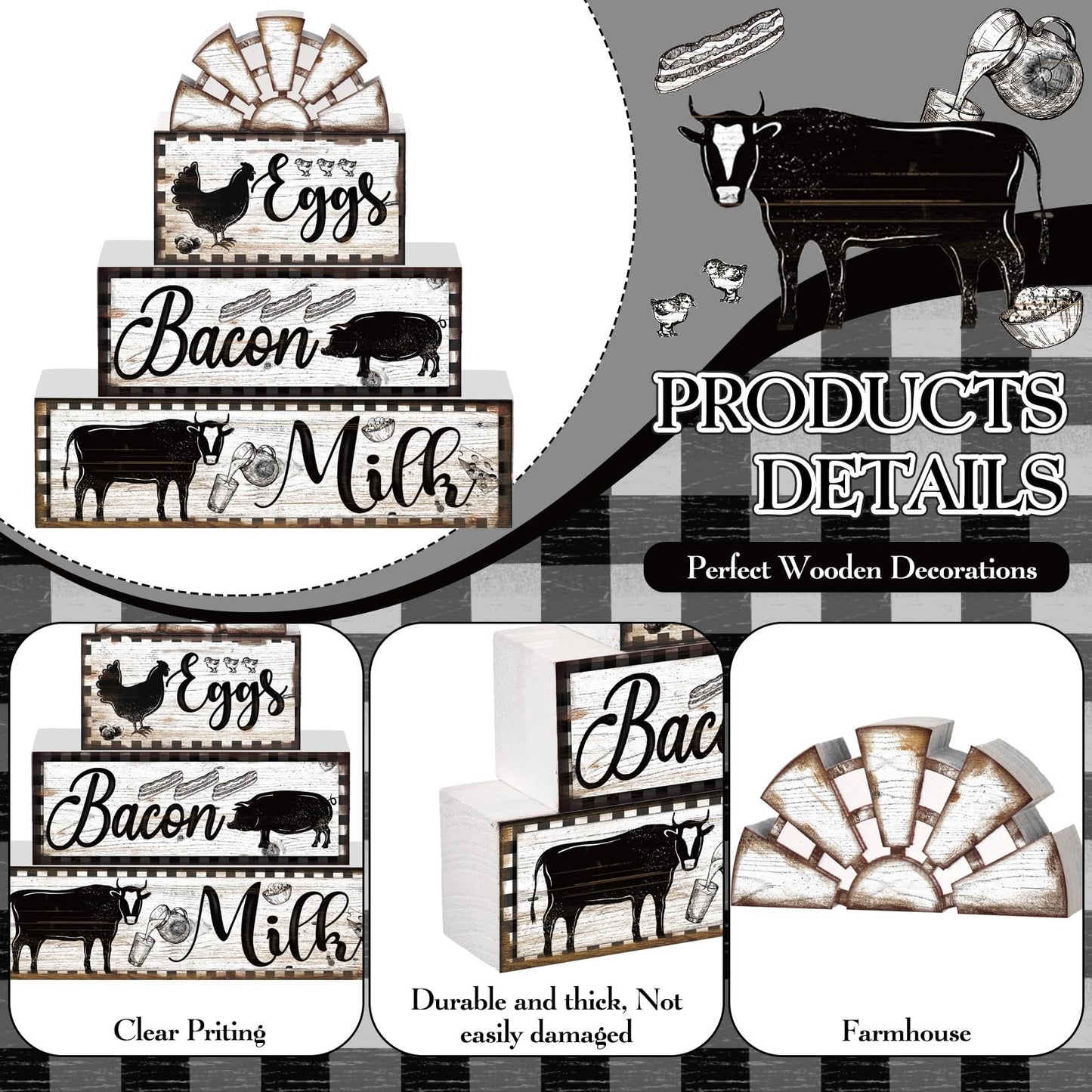 4 Pcs Farmhouse Wood Stacking Blocks Cow Rooster Pig Tiered Tray Decor Rustic Decorative Faux Stacked Book Farm Animal Table Sign Decor for Home Living Room Kitchen Dining Room Shelf Table Centerpiece