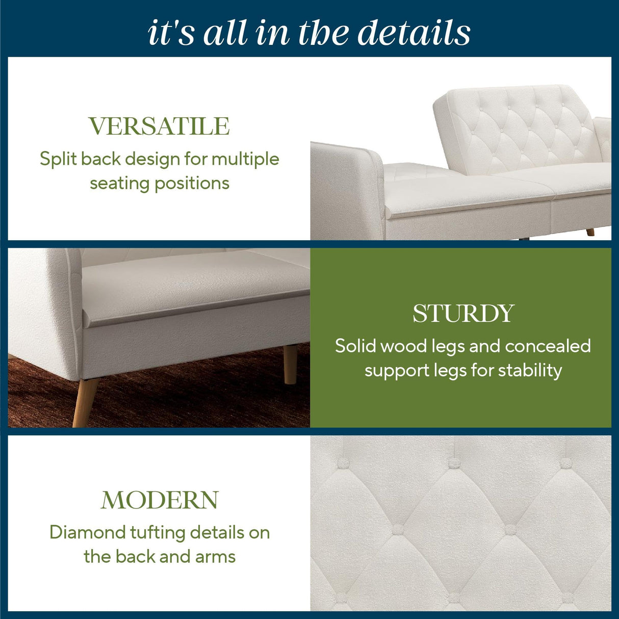 Novogratz Tallulah Memory Foam Futon Couch Bed, Futon Sofa Bed - Ivory Boucle Novogratz