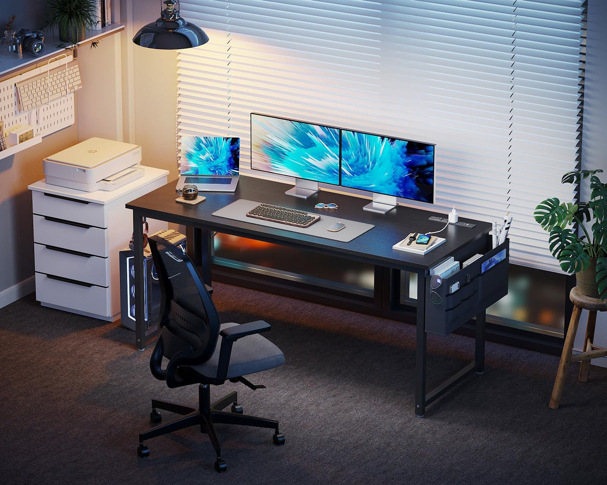 KKL Large Computer Desk with Power Outlets and USB Port Desk for Home Office Gaming Simple Modern Style Writing Desks with Storage Bag Headphone Hook, 55 inch, Black KKL