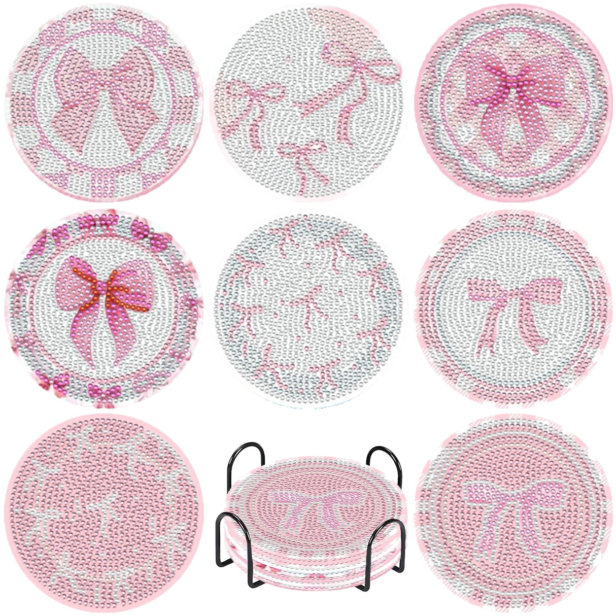 8 Pcs Diamond Painting Coasters,Diamond Painting Kits,Pink Bow Diamond Art Coasters,5D DIY Full Drill Diamond Dots,Gem Art Kits for Adults Arts and Crafts Supplies VDESFUEBY