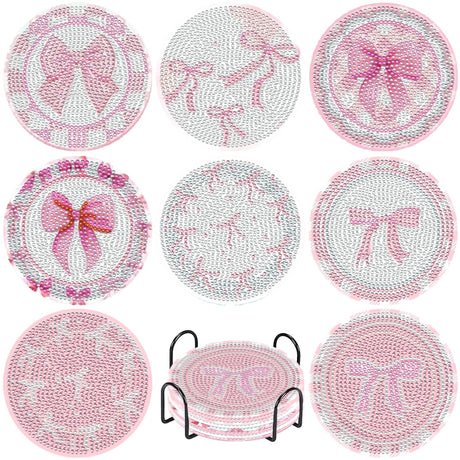 8 Pcs Diamond Painting Coasters,Diamond Painting Kits,Pink Bow Diamond Art Coasters,5D DIY Full Drill Diamond Dots,Gem Art Kits for Adults Arts and Crafts Supplies VDESFUEBY