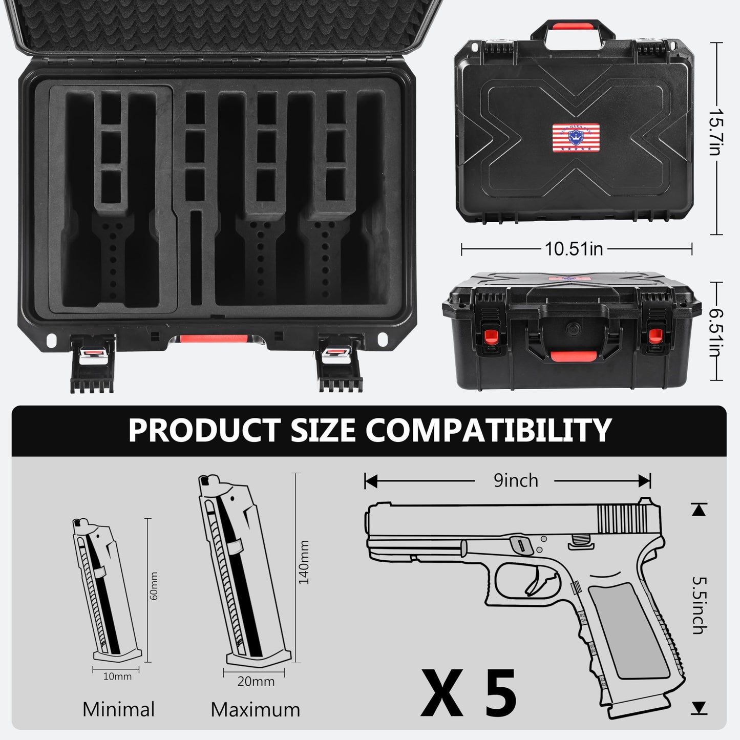 Kinghardcase Hand Gun Case 5 Pistol Case for Handguns & 12 Magazine Pre-Cut Foam Shockproof Waterproof Hard Pistol Cases with Desiccant tsa Approved Firearm Travel Case