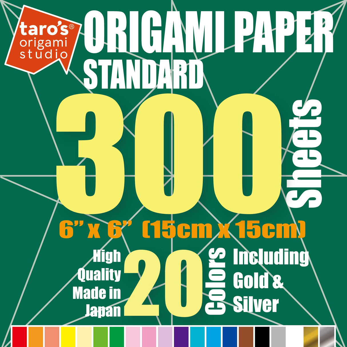 [Taro's Origami Studio] Standard 6 Inch One Sided 20 Colors 300 Sheets Square Easy Fold Premium Japanese Paper for Beginner (Gold and Silver Included) Made in Japan Taro's Origami Studio