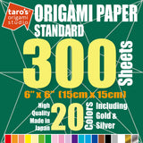 [Taro's Origami Studio] Standard 6 Inch One Sided 20 Colors 300 Sheets Square Easy Fold Premium Japanese Paper for Beginner (Gold and Silver Included) Made in Japan Taro's Origami Studio