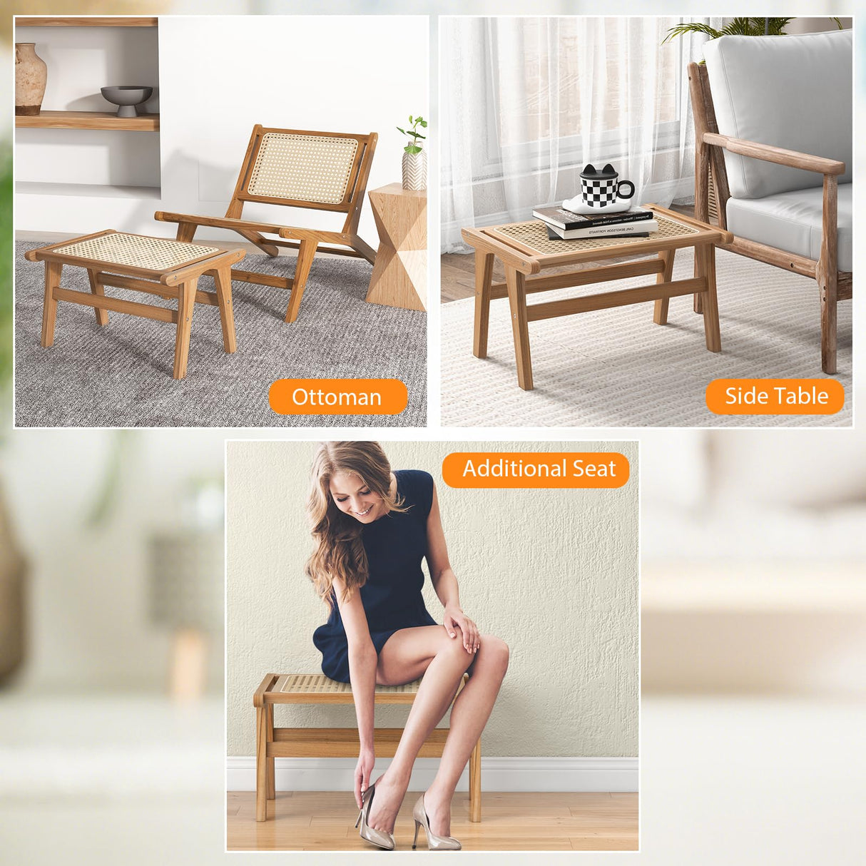 Tangkula Ottoman Footstool, Natural Teak Wooden Foot Rest with Handwoven Rattan for Living Room Bedroom Office, 14" H, Indoor (1) Tangkula