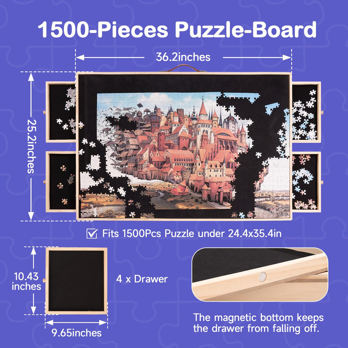 1500 Pieces Rotating Puzzle Board with Tilting and Cover, 36.2’x25.2’ Portable Wooden Jigsaw Puzzle Table with Lazy Susan and Drawers for Adults, Gift for Mom, Family, Friend Miereirl