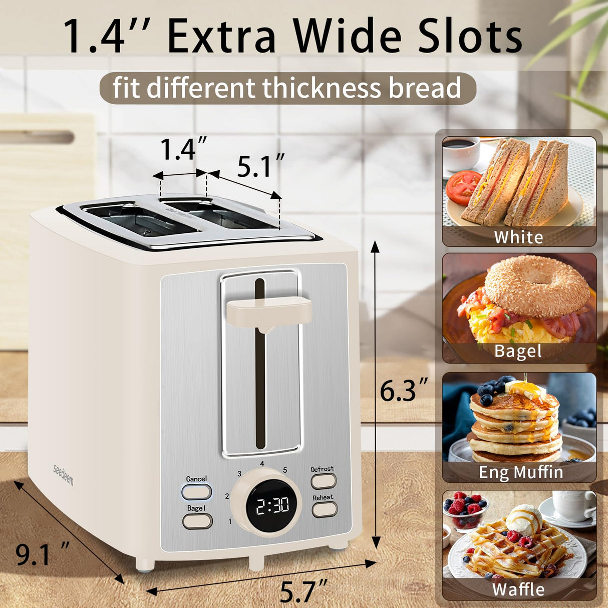 SEEDEEM Toaster 2 Slice, Bread Toaster with LCD Display, 7 Shade Settings, 1.４'' Extra Wide Slots Toaster with Cancel, Bagel, Defrost, Reheat Functions, Removable Crumb Tray, 900W, Cream White SEEDEEM