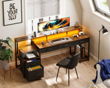 AODK 71 Inch Rustic Brown Office Desk with File Drawers, Power Outlet & LED Lighting AODK