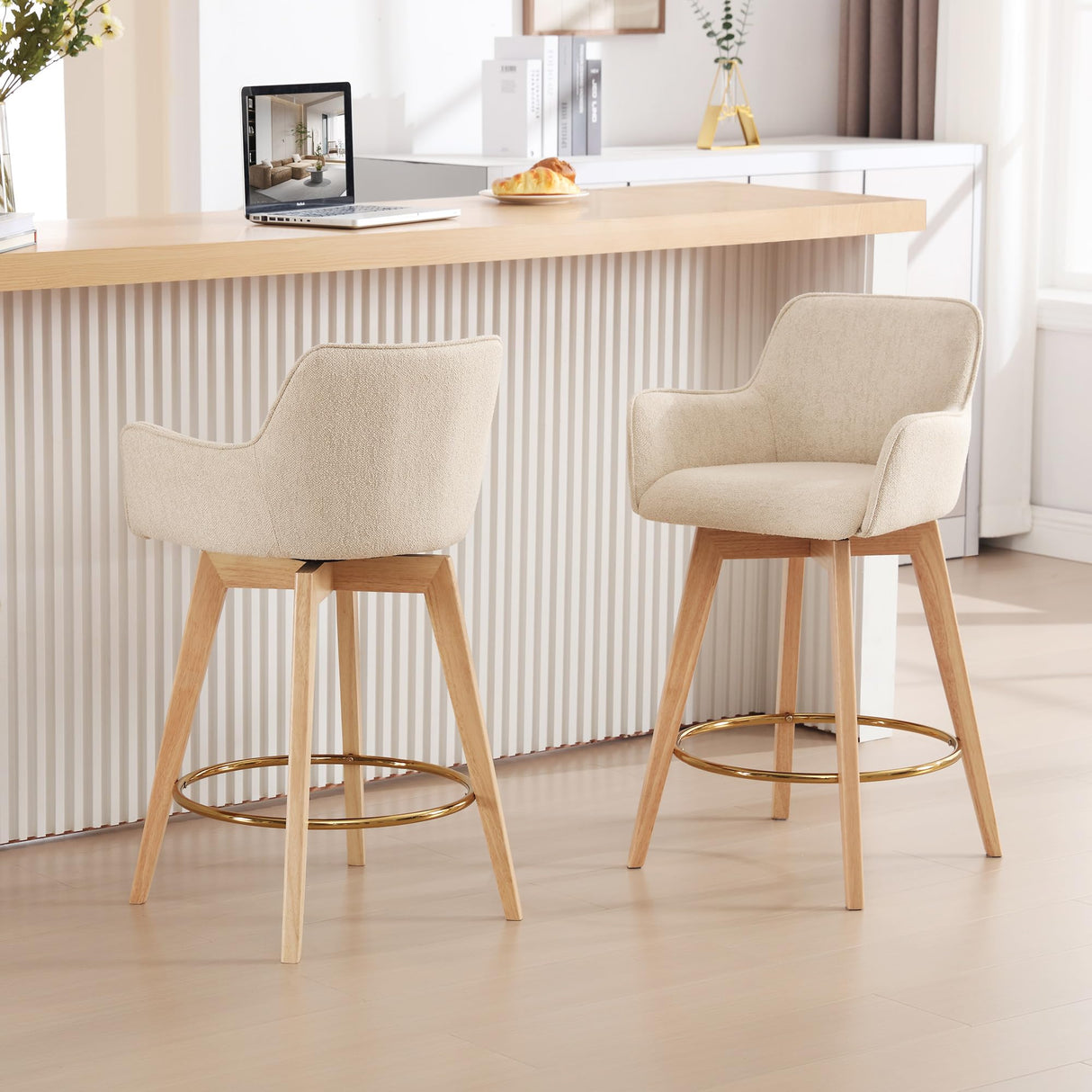 ONEVOG Modern 26" Counter Height Bar Stools Set of 4, Swivel Kitchen Island Tall Chairs with Back, Arm, Footrest and Solid Wood Legs, Linen Fabric Upholstered Farmhouse Barstools for Countertop, Beige ONEVOG