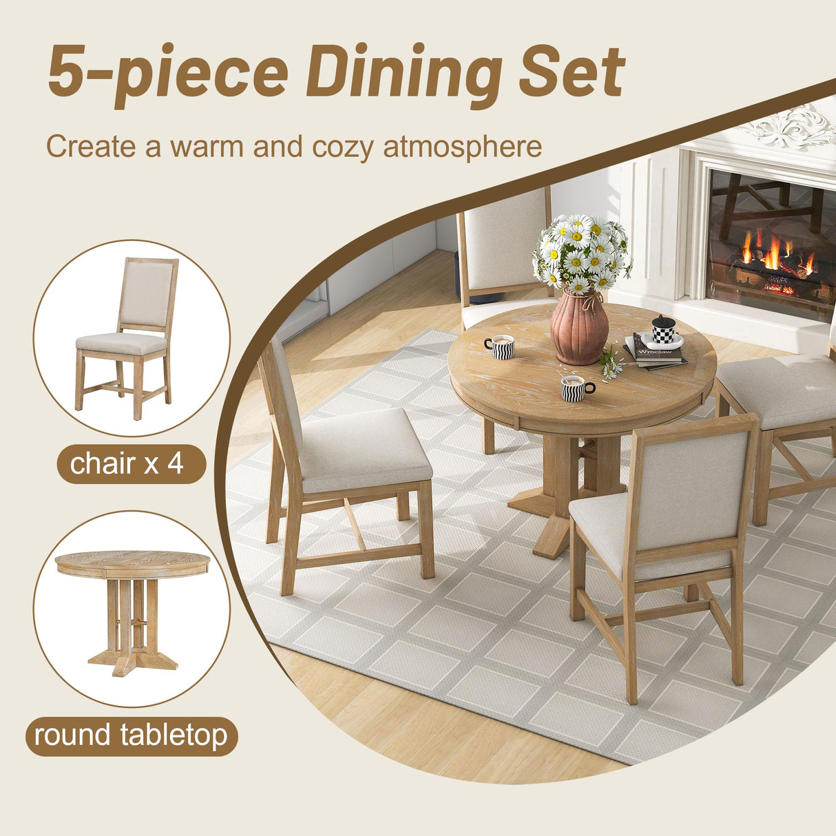 Quarte 5-Piece Farmhouse Round Dining Table Set with Extendable Round Table and 4 Upholstered Chairs, Compact Table Set for Small Kitchen Room (Natural Wood Wash/Adjustable) Quarte