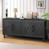 WILSHINE Sideboard Buffet Credenzas for Living Room, 63" Antique Black Entryway Table with Storage Accent Cabinet, Carved Flowers Doors & Wire Holes WILSHINE
