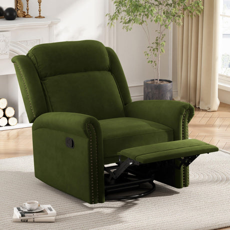 WEALTHOUSE 360° Swivel Recliner Manual Rocking Recliner Home Theater Manual Recliner Chair Nursery Rocker with Adjustable Backrest for Living Room, Light Brown (Green) WEALTHOUSE