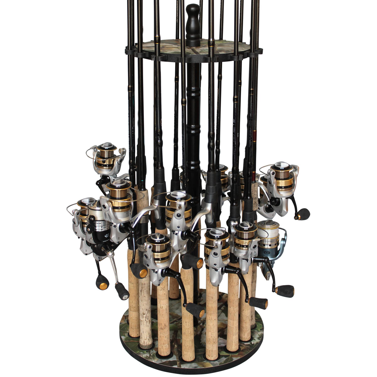 Rush Creek Creations 16-Rod Round Fishing Rod Holder for Garage, 360° Access Fishing Pole Holder for Fishing Rods, Reels, and Gear, Securely Holds 16 Rods, Camouflage Rush Creek Creations