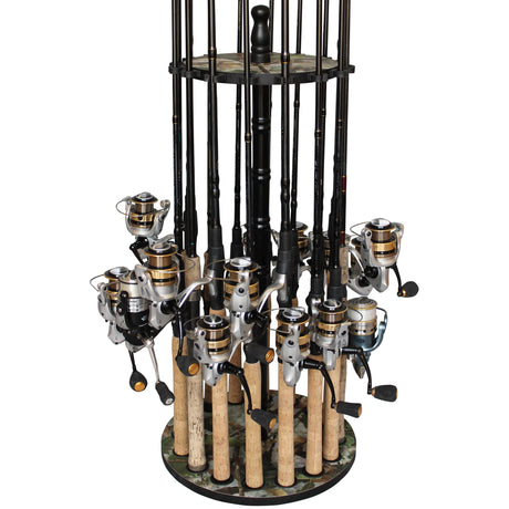 Rush Creek Creations 16-Rod Round Fishing Rod Holder for Garage, 360° Access Fishing Pole Holder for Fishing Rods, Reels, and Gear, Securely Holds 16 Rods, Camouflage Rush Creek Creations