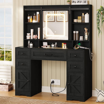 BTHFST Farmhouse Makeup Vanity with Lights & Sliding Mirror, Glass Top Vanity Desk with Charging Station, Large Makeup Table with 5 Drawers & Shelves