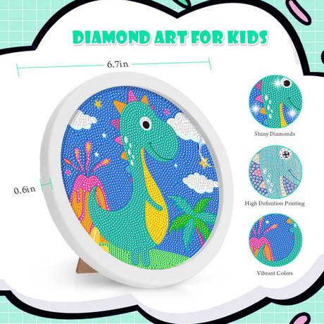 ACSAUMMY 5D Diamond Art Painting Kits for Kids with Wooden Frame Dinosaur Diamond Art and Crafts for Kids Ages 6-8-10-12 Full Drill Painting by Number Kits Gem Art with 6.7 inch Diamond Paint Frames ACSAUMMY