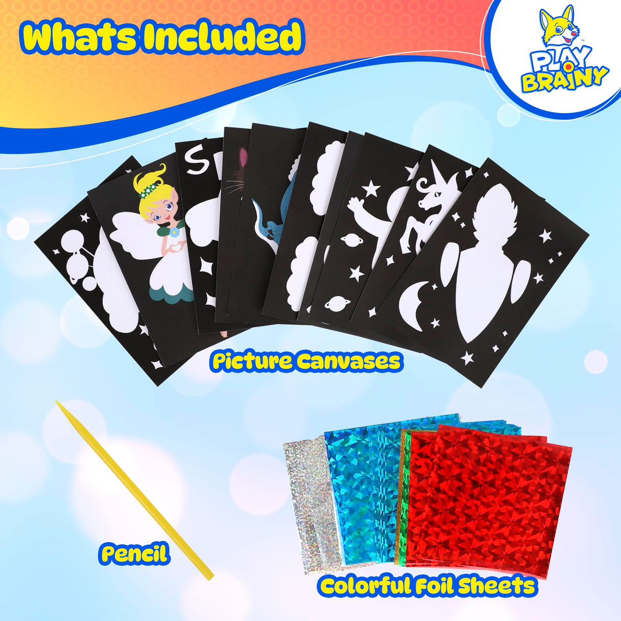 Play Brainy 10-in-1 Foil Art Kit - Kids Arts and Crafts Kit for Ages 5+, Mess-Free Kids Craft Set with 10 Printed Cardboard Sheets, 38 Foil Papers & Scratch Pen, DIY Activity & Birthday Christmas Gift Play Brainy